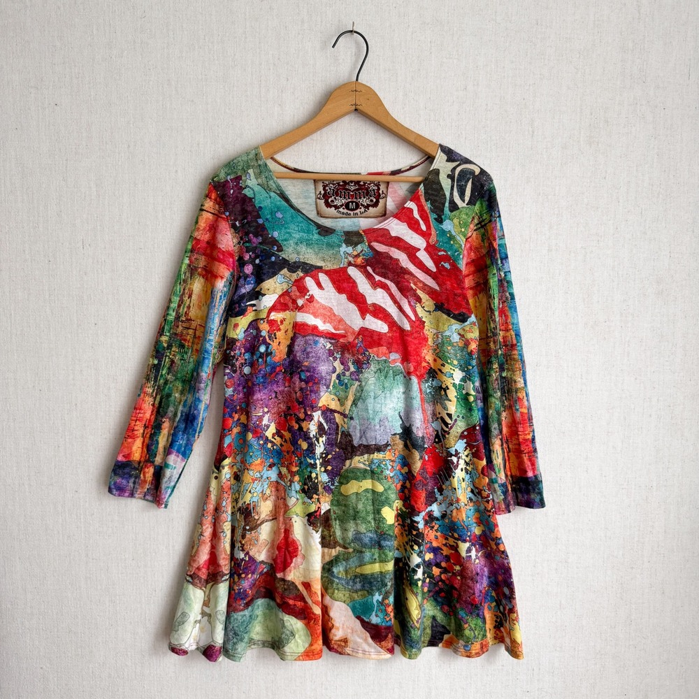 Amma Tunic Top Abstract Splatter Art to Wear Swing M Multi 3/4 Sleeve Made in LA